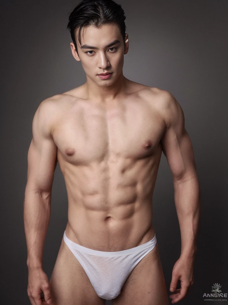 White skin asian Chinese man, thin nose, thin lips, blue eyes, brown long hair, black deer horn on his head, jock putfit, young handsome face, best quality,masterpiece,Ultra high detail,A handsome muscular man, completely black deer horn on his head, topless, black micro thong, with black cloth, black transparent cloth on his deer horn, realistic,Grey background,