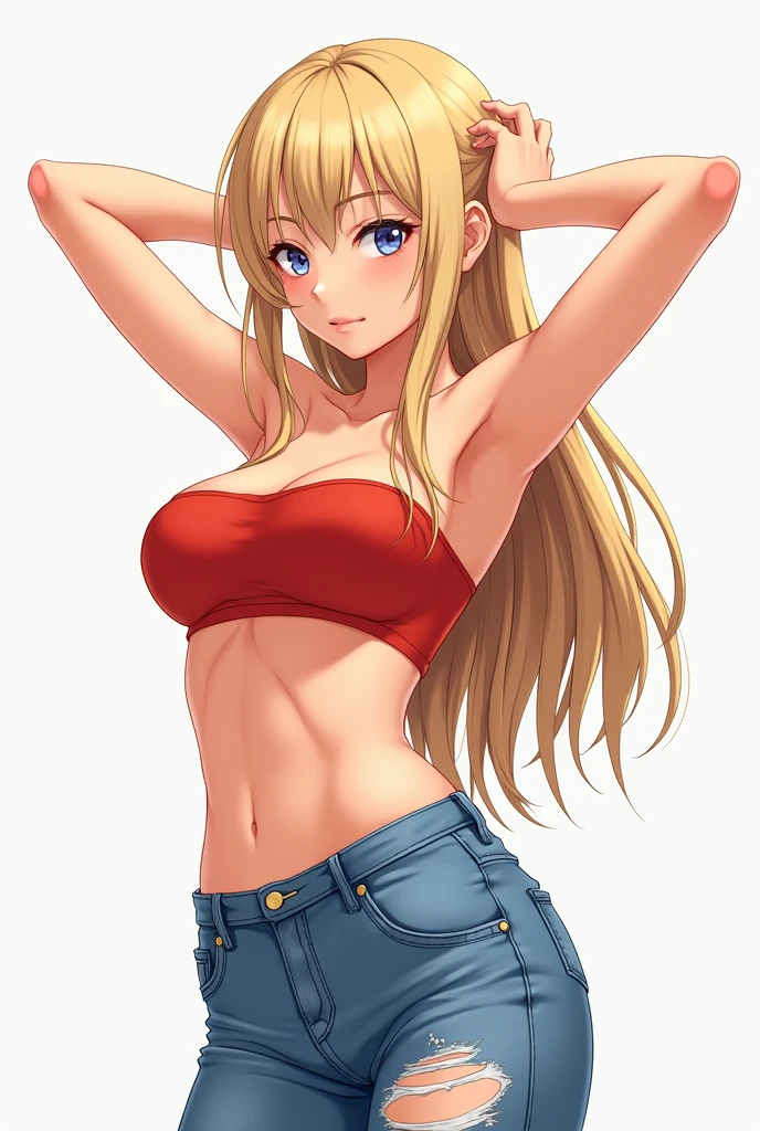 anime girl wearing a red tube top and jeans, long blonde hair, neutral face, raising arms to fix hair, exposed armpits.