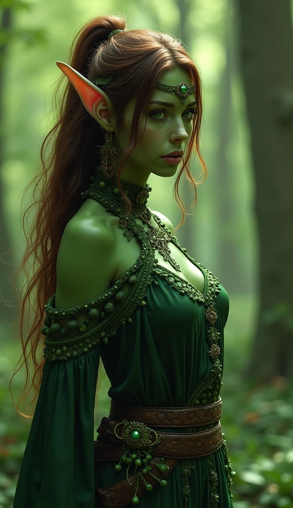 a forest elf using forest magic, ((DARK GREEN SKIN))) dressed as a druid, brown hair and bright magical green eyes, medium breasts.