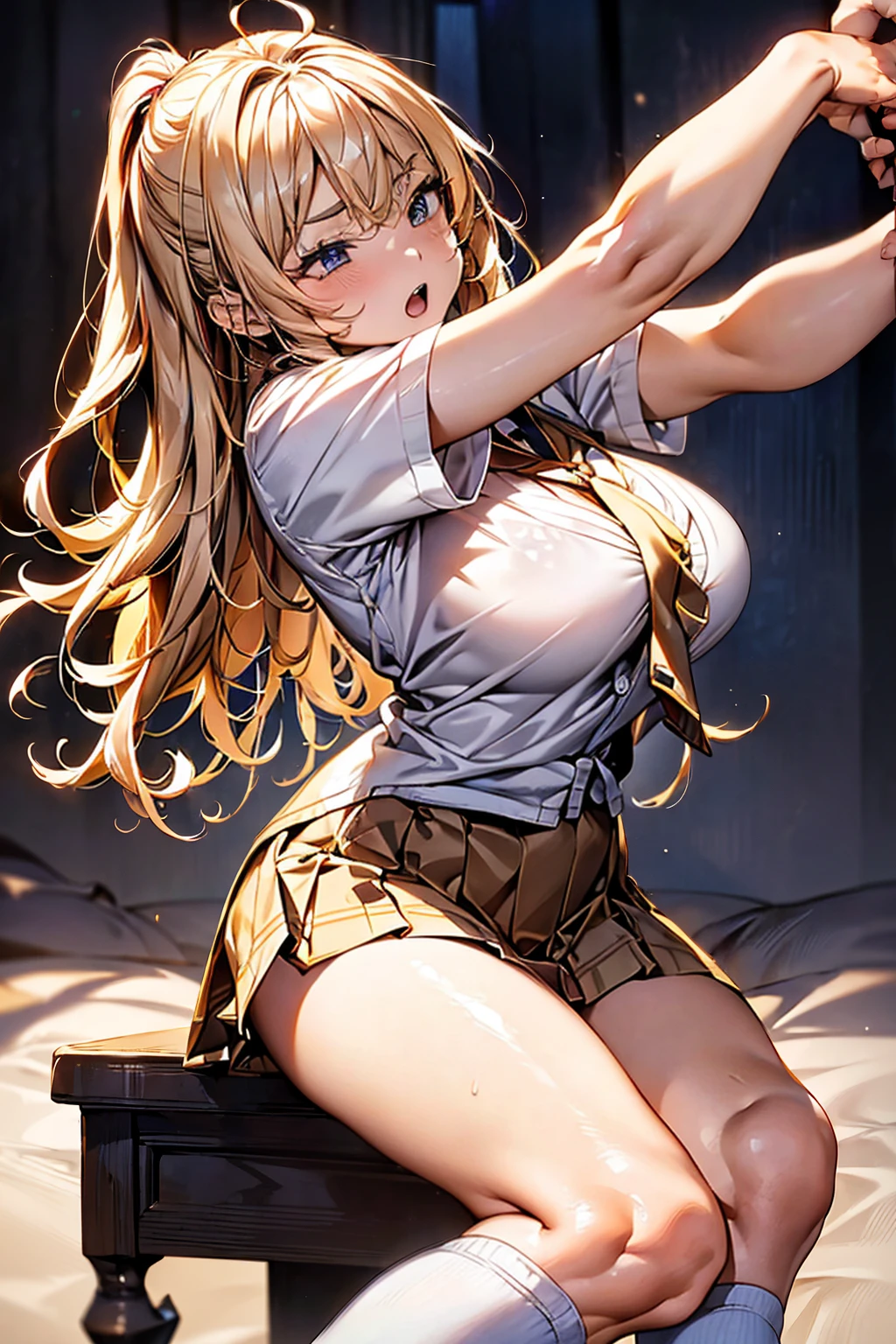 Browsing Caution,(Highest quality, 8k, masterpiece:1.3,beautiful girl), (Very detailed)Glowing Skin,(((Long Hair,blonde,Beautiful Hair))),(Perfect Anatomy, Anatomically correct, Very detailed肌),((Golden Eyes)),((Perfect Fingers,Five Fingers)),((Light blue collared shirt, Navy pleated mini skirt, socks, Navy tie, Light brown cardigan, White knee socks)),Pink Panties, Knee-high socks,Knee-high socks on both feet,Double teeth,Big Breasts,Big Ass,She is worried、((Wrinkles between the eyebrows)),Arms crossed