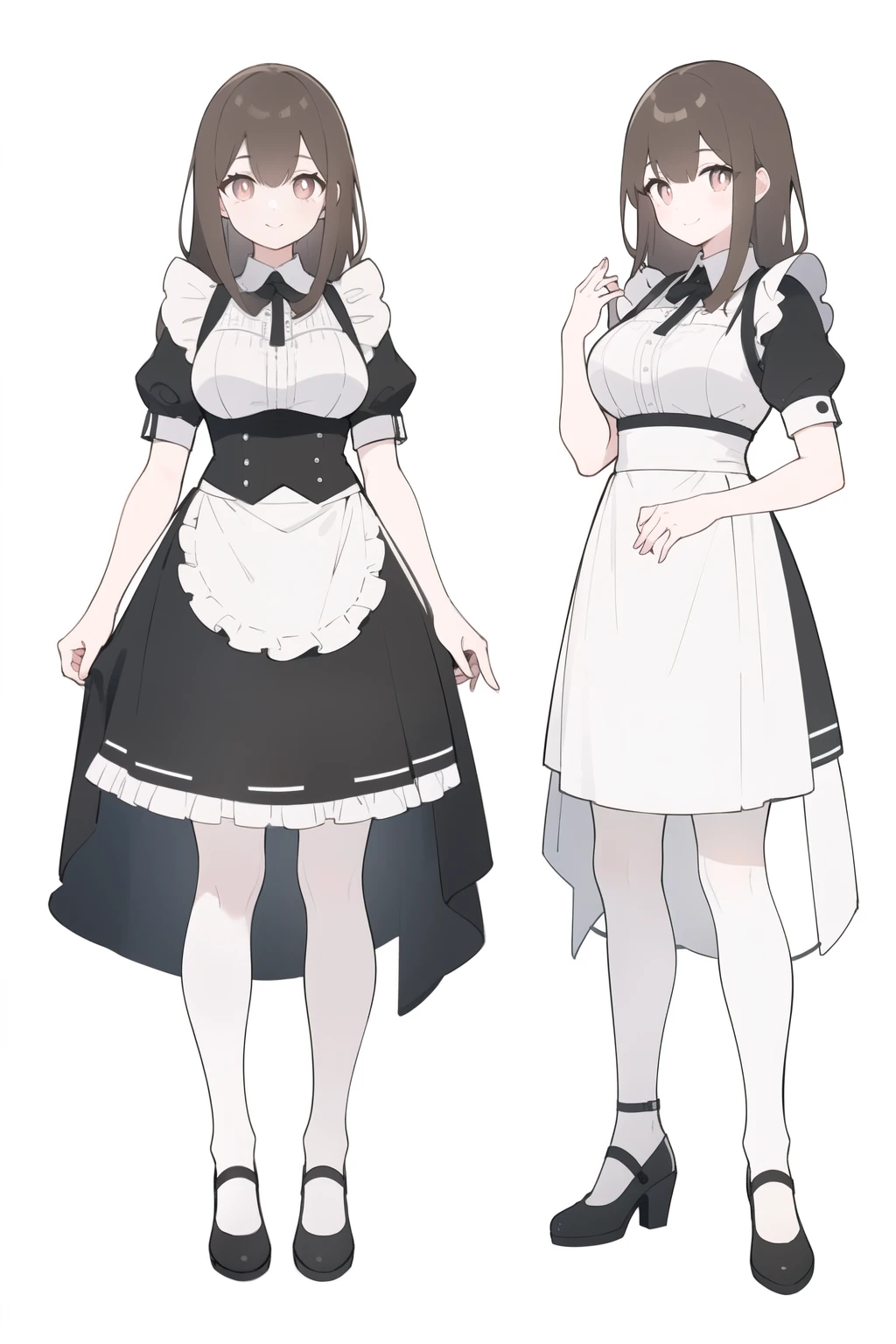 (best quality), (masterpiece), (Detailed lighting),(Extremely refined), (White background:1.4), A young girl,Full body standing,Wearing a maid outfit, Brown pupils,Brown long hair,Big breasts,Stand Up Straight,Place your hands on your abdomen,Smile,full-body shot,Correct anatomy