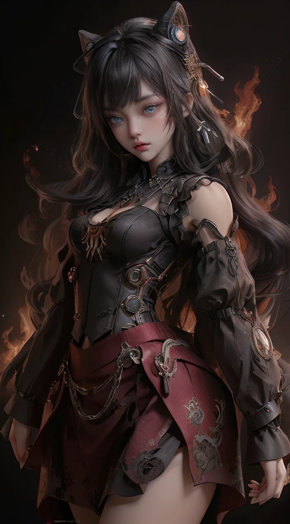 Mechanical doll magical girl, female, , thick bangs, beautiful long black hair curled vertically and heavily disheveled in the wind, slit eyes, very large crescent-shaped eyes, very large dark gray eyes shining like jewels, long eyelashes, very thin little nose, very small mouth, very thin upper lip, light colored natural makeup, very slender and attractive body, (complex mechanical steampunk headgear, black lace flared skirt, complex mechanical overdecorated gothic ta fashion combined with steampunk fashion), upturned small beautiful breasts, (exploding flames in the background). (complex mechanic factory, lots of gears, lots of piping, lightning filled space sky), create highly detailed and realistic images, (super detailed background), (dark mysterious: 1. 2), UHD, retina, masterpiece, anatomically correct, skin texture, super detailed, highly detailed, high quality, award winning, top quality, 16K, 