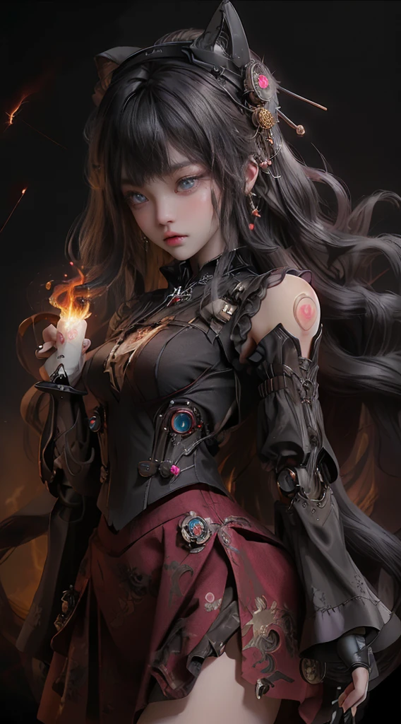 Mechanical doll magical girl, female, , thick bangs, beautiful long black hair curled vertically and heavily disheveled in the wind, slit eyes, very large crescent-shaped eyes, very large dark gray eyes shining like jewels, long eyelashes, very thin little nose, very small mouth, very thin upper lip, light colored natural makeup, very slender and attractive body, (complex mechanical steampunk headgear, black lace flared skirt, complex mechanical overdecorated gothic lolita fashion combined with steampunk fashion), upturned small beautiful breasts, (exploding flames in the background). (complex mechanic factory, lots of gears, lots of piping, lightning filled space sky), create highly detailed and realistic images, (super detailed background), (dark mysterious: 1. 2), UHD, retina, masterpiece, anatomically correct, skin texture, super detailed, highly detailed, high quality, award winning, top quality, 16K, 