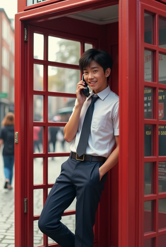 A male student in uniform leaning against a red telephone booth and making a phone call with a smile。
Draw him with a perspective that looks down on the male student.。