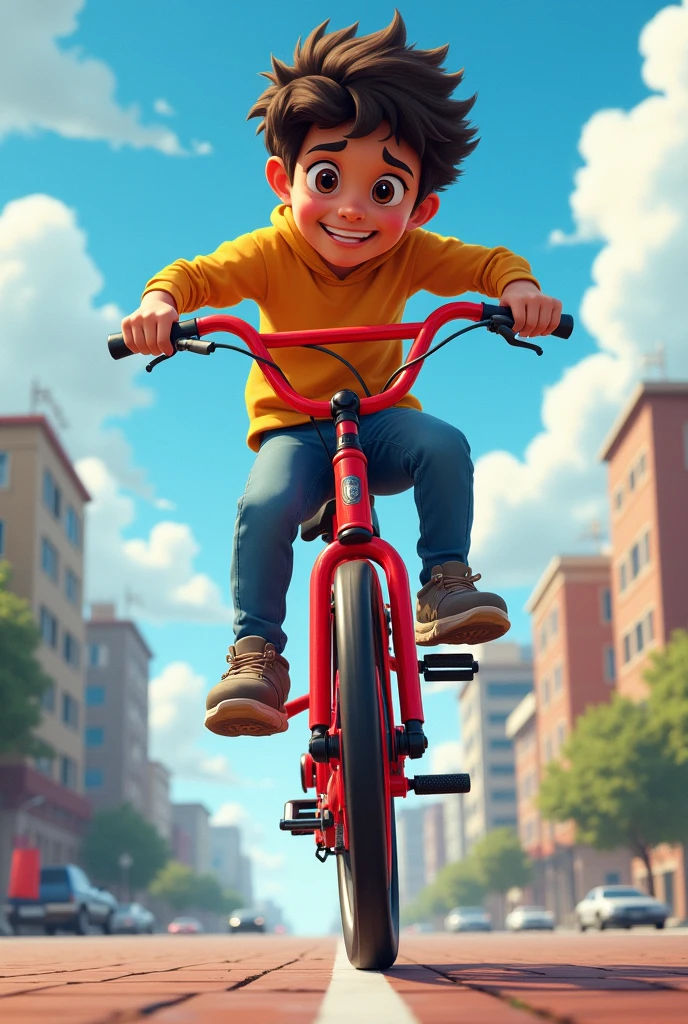 A boy riding a red bike doing a wheele and the background is an oby 