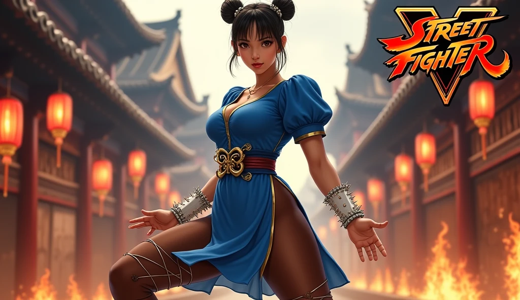 A movie poster depicting a female fighter (Chun-Li) wearing blue dress, brown pantyhose, pelvic curtain china dress, white cross-laced boots, bracelet, gold trim, jewelry, puffy sleeves, sash, short sleeves, side slit, spiked bracelet, spikes, double bun, hair accessories, cleavage, voluptuous curvy thick body, pale skin. backround, in a folkloric chinese street, style by Urushihara Satoshi, view from below, (with the words "Street Fighter" written letters in fire) on the right side, 