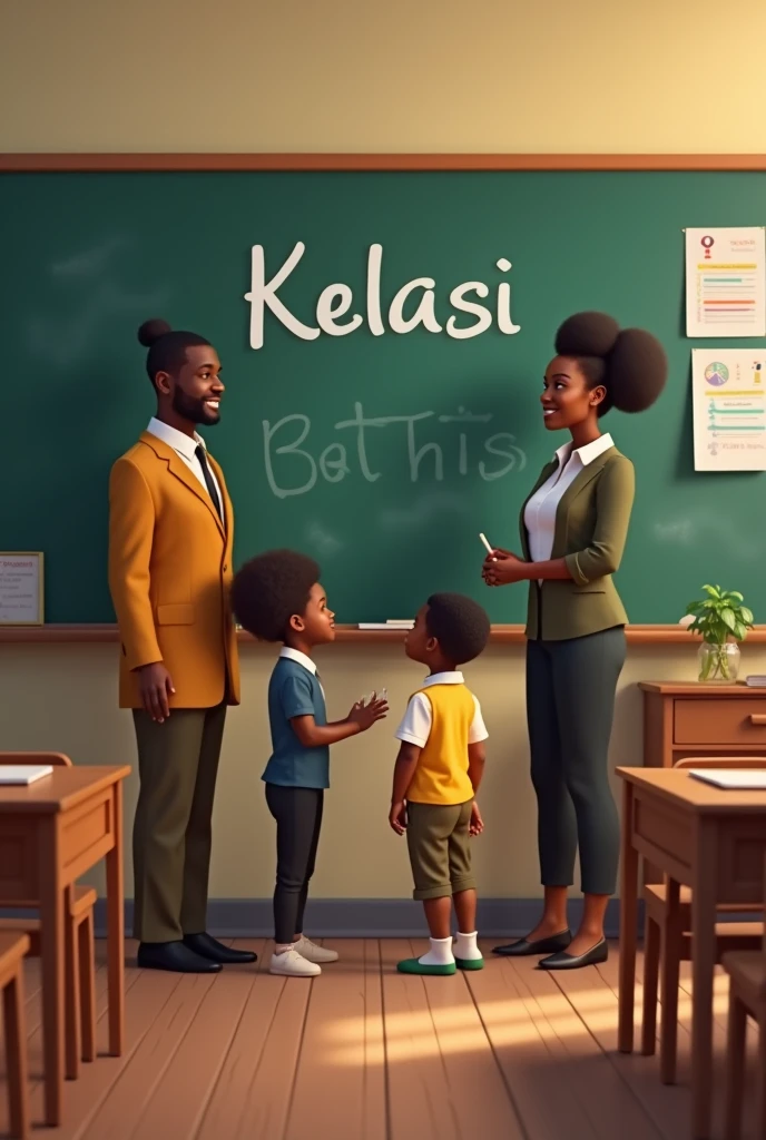Un professeur noir,  un garçon noir et une maman noir dans un école devant un tableau avec mention Kelasi. 