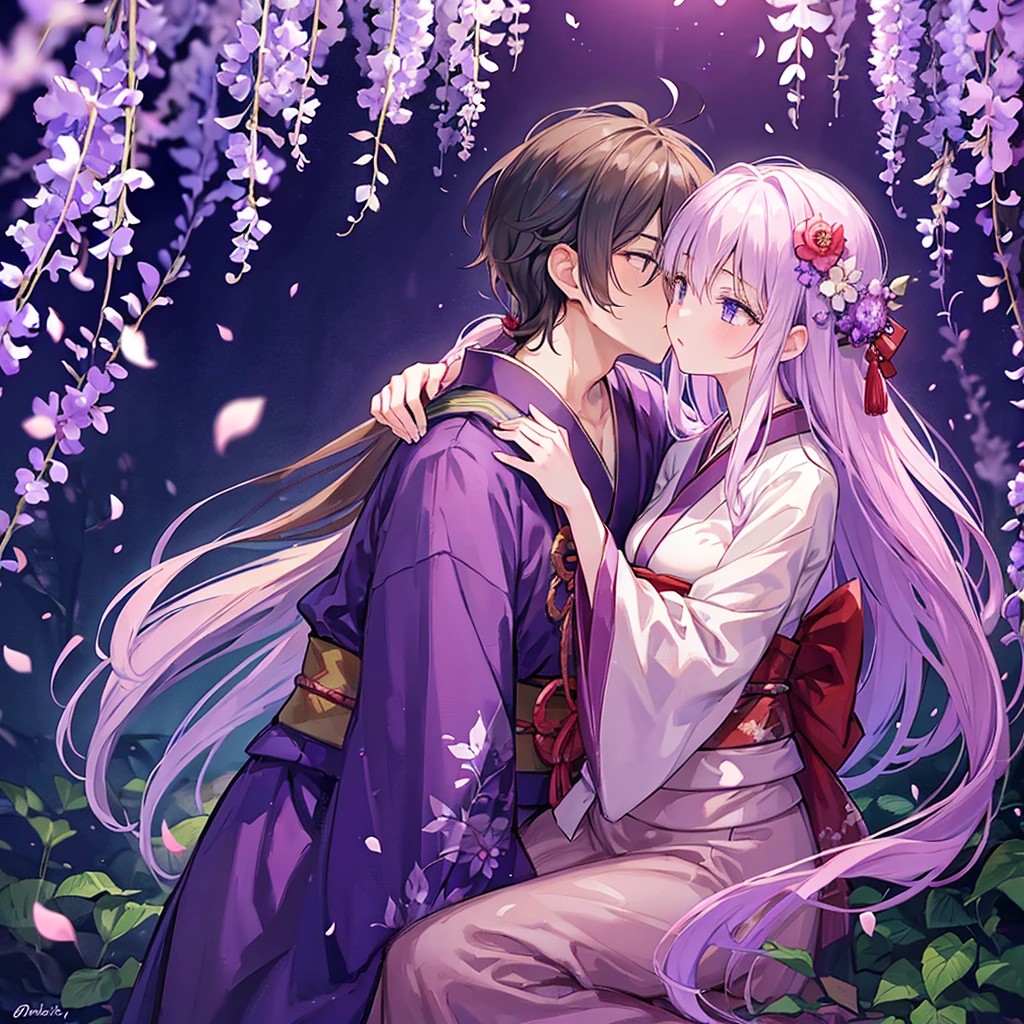 a man is kissing a woman in the wisteria forest,  dark night, , (Beautifully Aesthetic:1.2),wisteria, peace, tranquility, serenity, petals, red kimono
