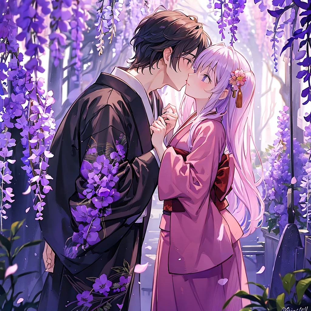 a man is kissing a woman in the wisteria forest,  dark night, , (Beautifully Aesthetic:1.2),wisteria, peace, tranquility, serenity, petals, red kimono