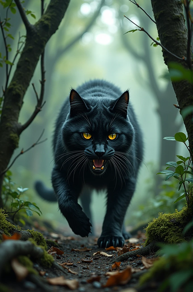 Angry black cat in forest