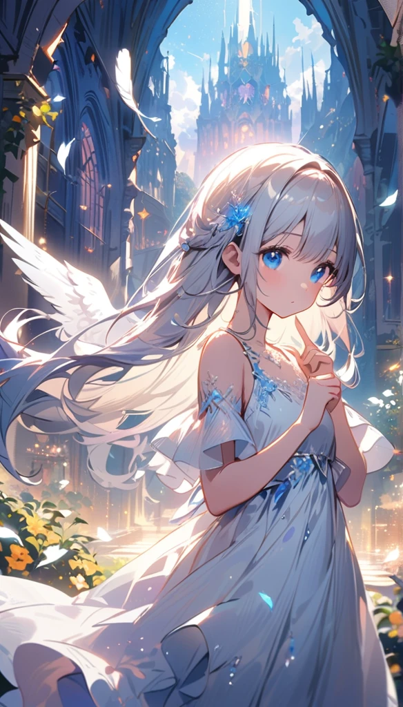 (best quality:1.2),(hands finger 5 digits:1.3),(extremely delicate and beautiful:1.3),(detailed ultra detailed:1.2),(scenery clear details:1.2),(scenery crystal clear :1.2),(solo),(blue eyes),(long white long hair),(white dress),(angel wings),(floating white feathers,starry sky),(clusters of stars,starry sky),(glinting stars),(solo),(long silver long hair),(best quality:1.2),(hands finger 5 digits:1.3),(extremely delicate and beautiful:1.3),(detailed ultra detailed:1.2),(scenery clear details:1.2),