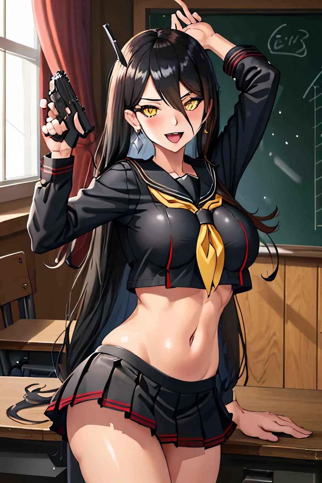  solo, {friedrich_der_grosse_azurlane:1.15}, black_hair, long_hair,  yellow_eyes, hair_over_one_eye,  large_breasts, very_long_hair, blush, lipstick,,jewelry, earrings, Hot girl, baddie, bad attitude, mean girl, crazy, smoking, sensual, attractive , masterpiece, best quality, highly detailed, a anime girls in sailor uniforms with a gun posing for a picture,
evil smile, smile, open mouth,black_serafuku, ecchi anime style, anime girls , (nsfw) not safe for work,
ecchi style, ecchi, shipgirls, digital anime art!!, high school girls, holding a gun, hold a gun, anime style 4
k, micro skirt, exposed belly, exposed navel, exposed midriff, holding pistol,underboob,
exposed lower belly,school, classroom,