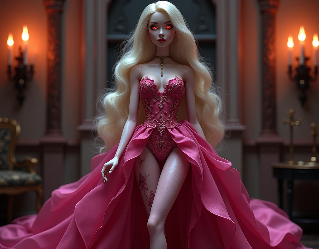 Fantasy art, RPG art, Dark fantasy art,  illustration of extremely 1beautiful Barbie vampire, real life  Barbie mistress of death, she has long hair, flowing hair, wavy hair, blond hair, pale grey skin, (red eyes: 1.3) (glowing eyes: 1.3), (stains of blood on face: 1.2), (vampire teeth: 1.4), she wears dark pink dress, silk dress, intricate dress,  she wears pink stockings, high heels, Barbie dollhouse backgrond, dynamic position, (full body: 1.2) candles light, dark fantasy art, gothic art, dynamic angle, best details, best quality, 16K, [ultra detailed], masterpiece, best quality, (ultra detailed), full body, ultra wide shot, photorealistic,