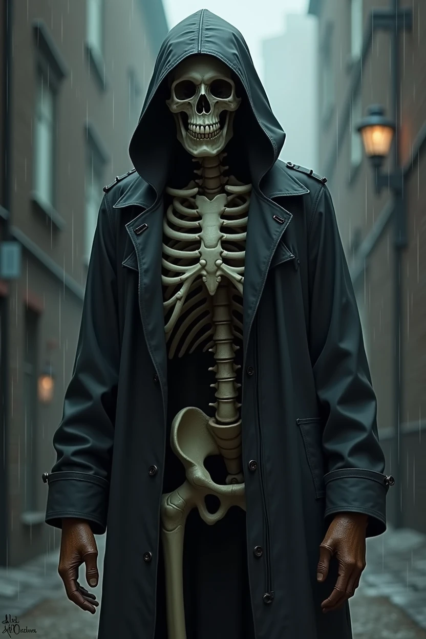 Fantasy skeleton in a raincoat with a hood on, dark brown gloves on his hands