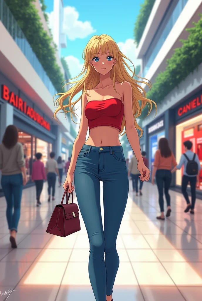 anime girl wearing a red tube top and jeans, long blonde hair, neutral face, shopping in a mall.