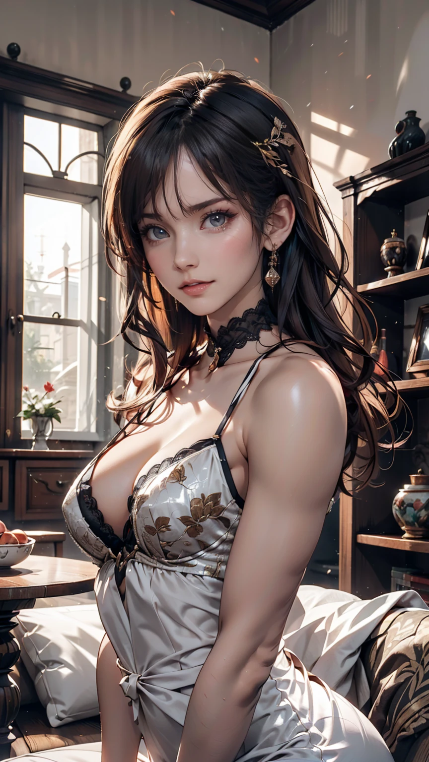 European-style decorated living room, Luxurious and sophisticated atmosphere. Exquisite interior details highlight the room's sophisticated style, Carefully considered decorative design adds the perfect finishing touch、24-year-old woman、Attractive Young Woman, (Beautiful Face:1.1), Detailed eyes, Seductive lips, (eye make up:1.2), (Medium chest:1.0), (Toned body:1.2), Sexy proportions、Narrow waist、Cat-legged European 4-seater sofa、European style dresses、
