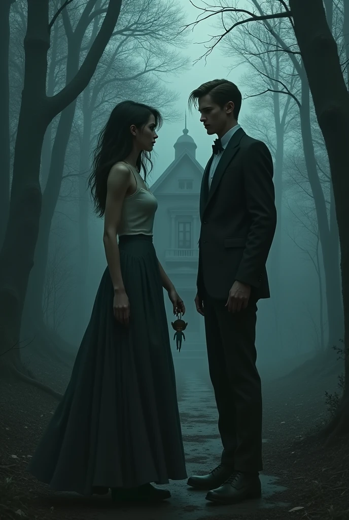 A young woman investigator and a handsome young man wearing a black suit with the background of a lone house in the forest with a secret shadowy man behind and a creepy girl doll dangling in his hand