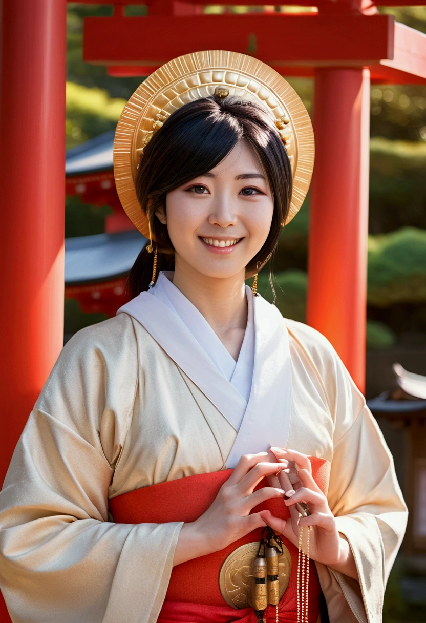 (Highest quality、masterpiece:1.2)、Highest quality、Realistic、photograph、High resolution、1080P、8k、Textured skin、Physical Rendering、 Japanese women、、cute、Young Face、Roll Hair、(Japan shrine priestess costume:1.5 )、Japanese temple grounds、shy、smile、big