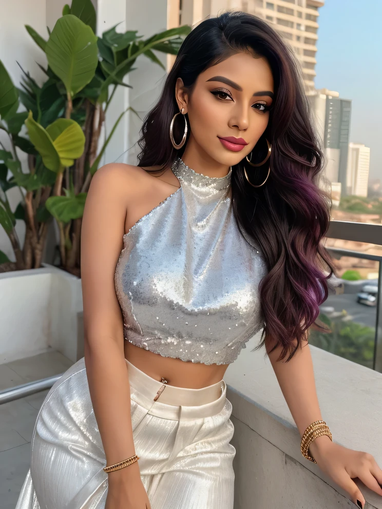"Create an ultra-realistic image of a modern, attractive female influencer of Indian descent, aged between 27 to 30. She should have a warm and inviting smile, expressive almond-shaped eyes with a slight shimmer, and clear, glowing skin with a medium brown complexion. Her features should be well-defined, with high cheekbones and a sharp jawline. Her hair should be long, thick, and wavy, with a natural shine and bounce, styled in loose waves with a golden headband. Her hair color is a deep, reddish-purple hue that’s bold yet sophisticated. She should have a slender yet athletic build, reflecting a healthy and active lifestyle, but with an emphasis on her chest, featuring gigantic breasts (plump: 1.3). She is wearing a white organza saree paired with a silver sequin crop top blouse, highlighting her elegant yet modern style. Her outfit is completed with stylish black heeled sandals that add elegance to her look. She accessorizes with subtle yet chic jewelry, such as small hoop earrings and a few thin bangles. The background should be a modern minimalist rooftop with a cityscape view, suggesting a sophisticated and urban setting. Her overall appearance should exude confidence, approachability, and sophistication, capturing the essence of a contemporary Indian fashion influencer."
