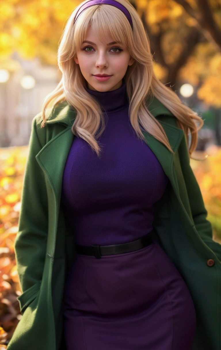 blond woman in purple dress and green coat posing for a picture, gwen stacy, realistic artstyle, young beautiful amouranth, 8k artgerm bokeh, amouranth, wearing a turtleneck and jacket, very very realistic, beautiful blonde girl, realistic color, realistic clothing, realistic style, hyperrealistic schoolgirl, a hyperrealistic schoolgirl, half Indian, (big tits:1.3)