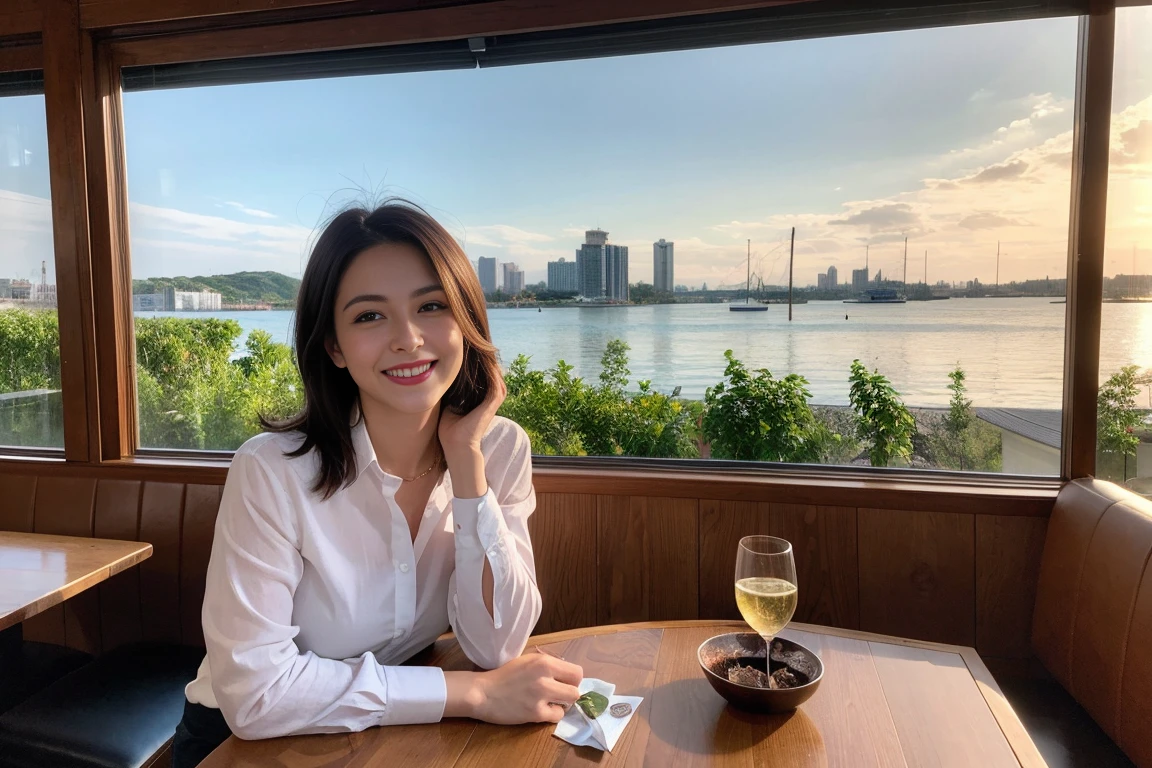 ((Highest quality、8k、masterpiece:1.3))、slimカップル、modelカップル、(Realistic, Intricate details:1.2), Japanese food、Buckwheat、Japanese sake、Shochu 、Amazing view of the sunset sky and clouds、A bright smile、The wonderfulness of smile、Bright image、Beautiful Face, blue eyes, The light shines on your face, blush, short hair,Bright Face、 (Age 37), 39 years old, sparkling wine、Two beauties、Brown Hair、Shortcuts、Long sleeve shirt、dress、Beautiful woman 1, (slimな顔), (The body is slim), (Brown Hair), (Shortcuts), cheeks turn a little red,Attractive beauty、restaurant, In a prominent place (From the waist up) Nova Frog Style, actress, model, Upper Body, White wine, slim, smile, (smile: 1.15), Beautiful fine grain, Depth f/2,saturation, High Contrast, Strong light and shadow,Moist Body:1.5、3D texture、Delicate eyes、Brown Hair、The hair is very shiny、