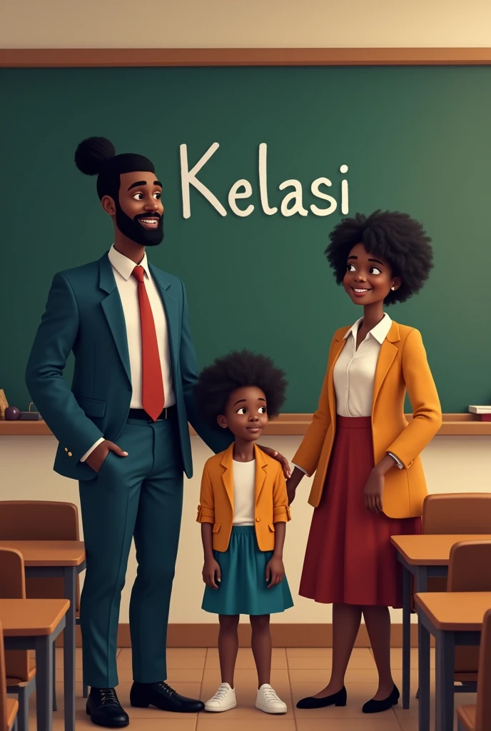 Un professeur , un garçon noirune maman noir dan école devant un tableau avec mention Kelasi.
