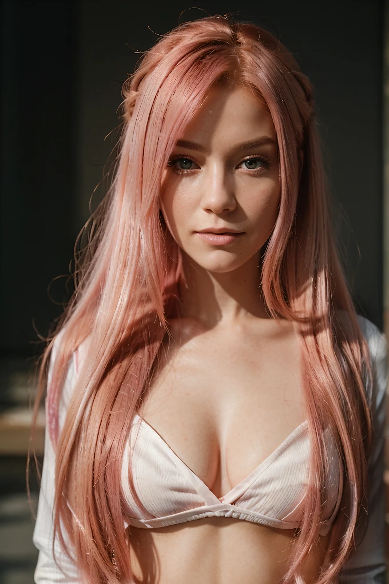 superbe portrait en gros plan aux couleurs complexes de (femme:1) , porter une tenue professionnelle, long cheveux roses, composition de personnages épique, netteté, éclairage naturel, diffusion souterraine, f2, 35mm, grain de film. cheveux rose. cheveux roses. cheveux longs rose. cheveux rose chewing-gum