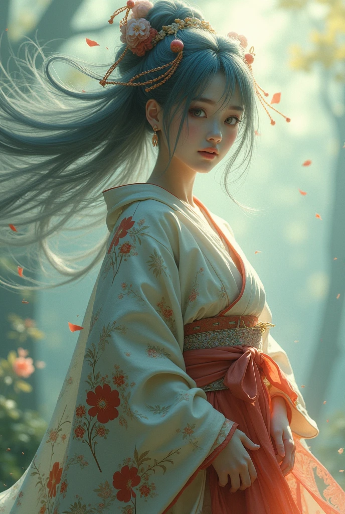An elegant kimono-clad woman from Japanese mythology。Her hair is a bright color and she's a gal.。A foolish face。Annoying。