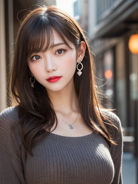 Urban beautiful girl college student, masterpiece, light makeup, Red lips, Silver Hair, Disheveled long hair, Street background, beautiful, elegant. Extremely fine detail, Master Works, Authentic texture, Realism in film lighting, Perfect job, 16K, High resolution, exquisite features,blue eyes、Japanese Idols、beautiful顔、Cute Smile、Brown Hair、beautiful hair、ponytail、glamorous、 Big Breasts、Erect nipples、Greasy muscles、Glowing Skin、Sunburned skin、黒くGlowing Skin、Sexy knitted sweaters, Bright big eyes, Smooth Skin, Earrings, necklace, tattoo