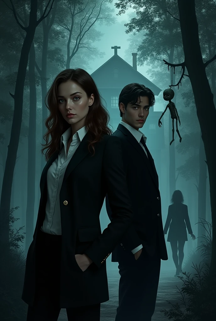 A young woman investigator and a handsome young man wearing a black suit with the background of a lone house in the forest with a secret shadowy man behind and a creepy girl doll dangling in his hand