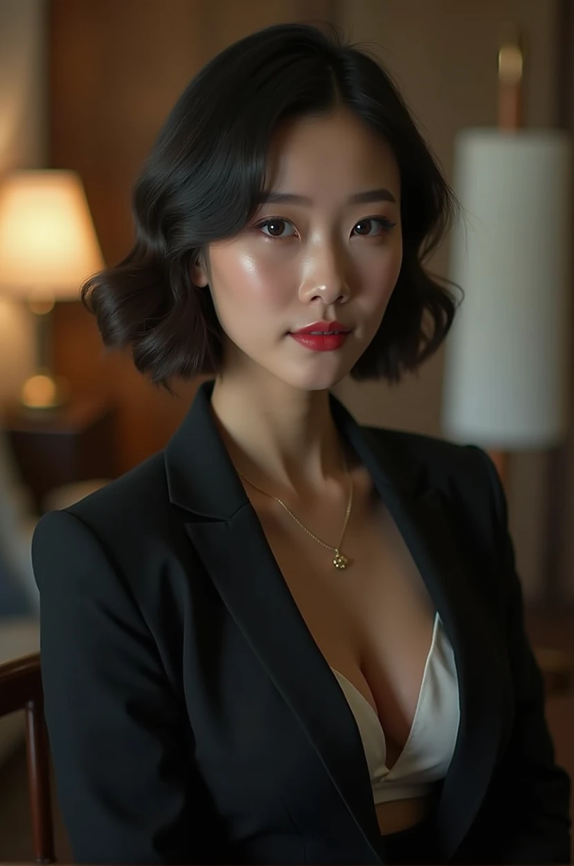 (top quality、top quality、permission 8k、masterpiece、Professional photography、Works, award winning)、(Mature beautiful Japanese woman:1.1)、(The most romantic office night in history 1.1)、(Very blurred background:1.1)、The most romantic and soulful atmosphere、(Perfect business suit:1.2)、(split:1.3)、(voluptuous body:1.3)、Standing elegantly、voluptuous body、(Very short wavy hair:1.1)、(Cool glasses:1.2)、seductive look, Eyes fixed on me、(Big breasts:1.3)、perfect makeup、Beautiful lipstick、Elegant eye shadow、long eyelashes、Ultra-high definition glossy leather、(precise anatomy:1.1)、(closed lips:1.2)、(face close up:1.2)