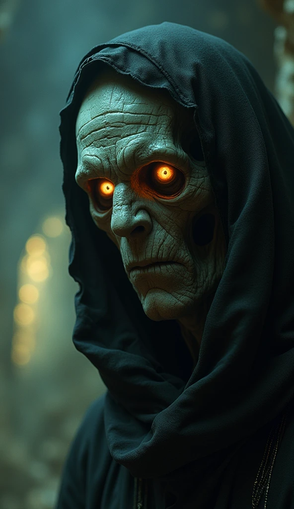 A close-up of the ghostly figure Phantom Miner’s face, filled with a mix of desperation and menace. Behind him, the mine’s tunnels seem to stretch on forever, filled with shadows and the faint glimmer of something golden just out of reach