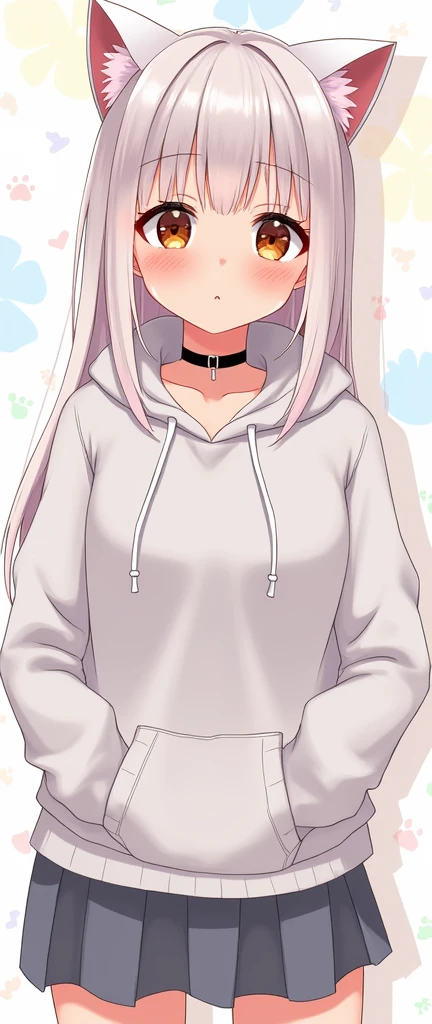 Cat ear,Pure,Obedience,beautiful girl,blush one&#39;s cheeks,choker,hoodie,Mature
