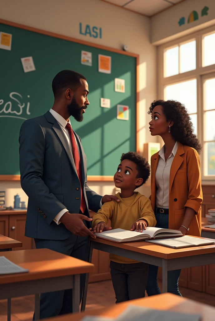 Un professeur noir,  un garçon noir et une maman noir dans un école devant un tableau avec mention Kelasi. 