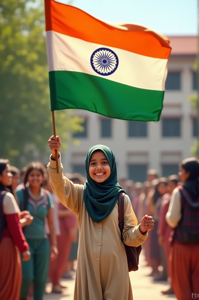 A cute Muslim girl is waving the Indian flag in the school and everyone is looking at her