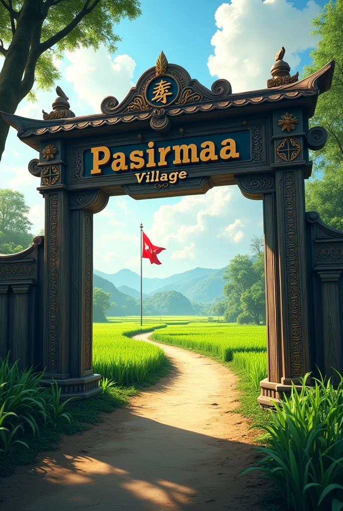 A gate with large letters "Pasirmala Village" on a path with a rice field and the red and white flag in the background