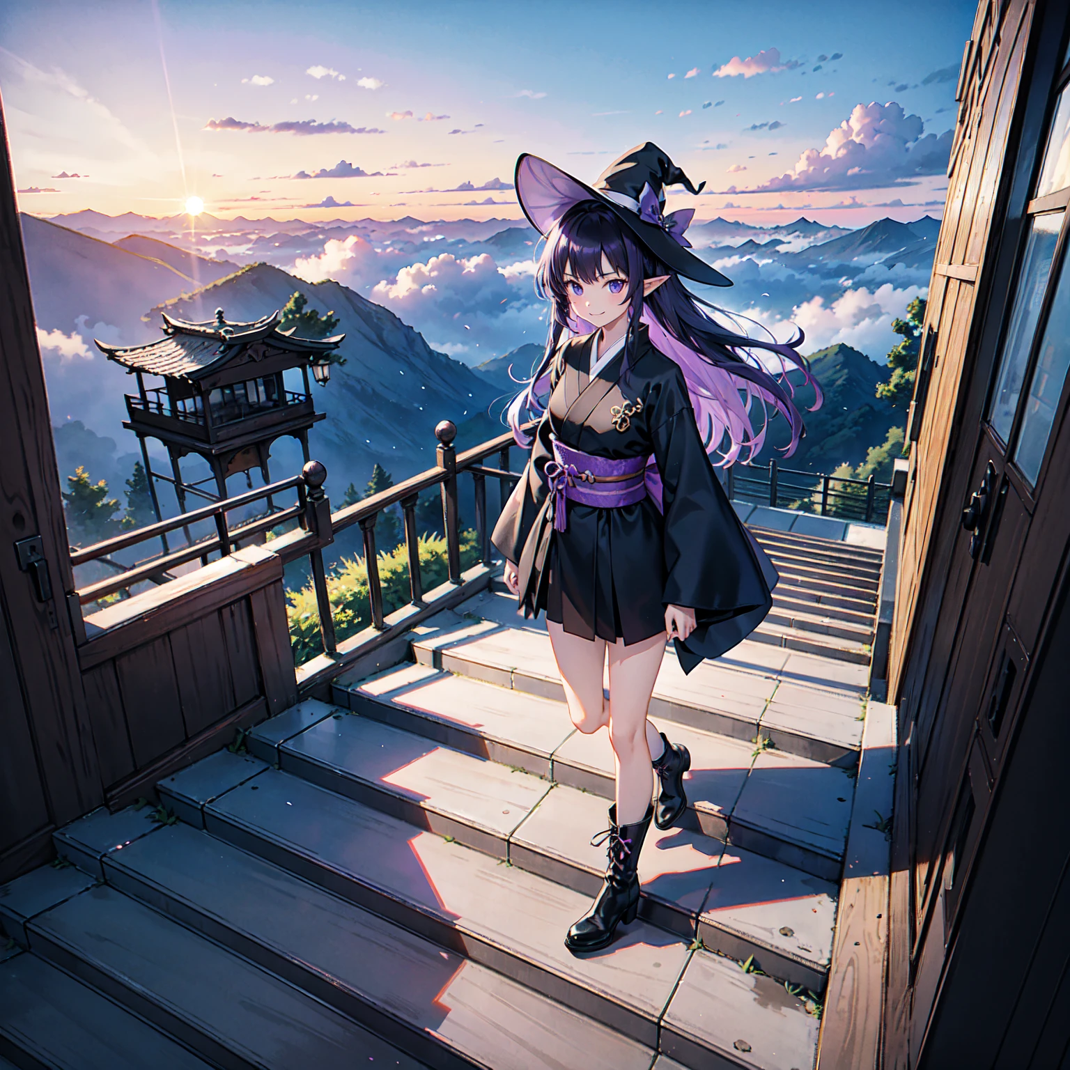 A girl with long violet-purple hair. A kind, full smile. Pointy elf ears. Her clothes are simple: a black robe with wide sleeves and a black miniskirt. Her knees are showing. There is a V-shaped white insert in the front, like a kimono. A witch's hat with purple ribbons on each side. Black boots. Background, bright painting, Makoto Shinkai, only endless stairs, long floating stairs, floating stairs in the air, stairs above clouds, illustration, nostalgic, vivid, above clouds, bright, fresh, sunset. A maze of connected stairs. A labyrinth of stairs. Not touching land. A simple iron staircase. Decaying old staircase. The type of staircase you would find in an apartment or condominium. Simple staircase. No land.