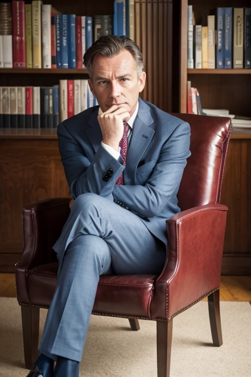 Get angry,Bookshelf,Sit on a chair,Englishman,50 years old,suit,look at me