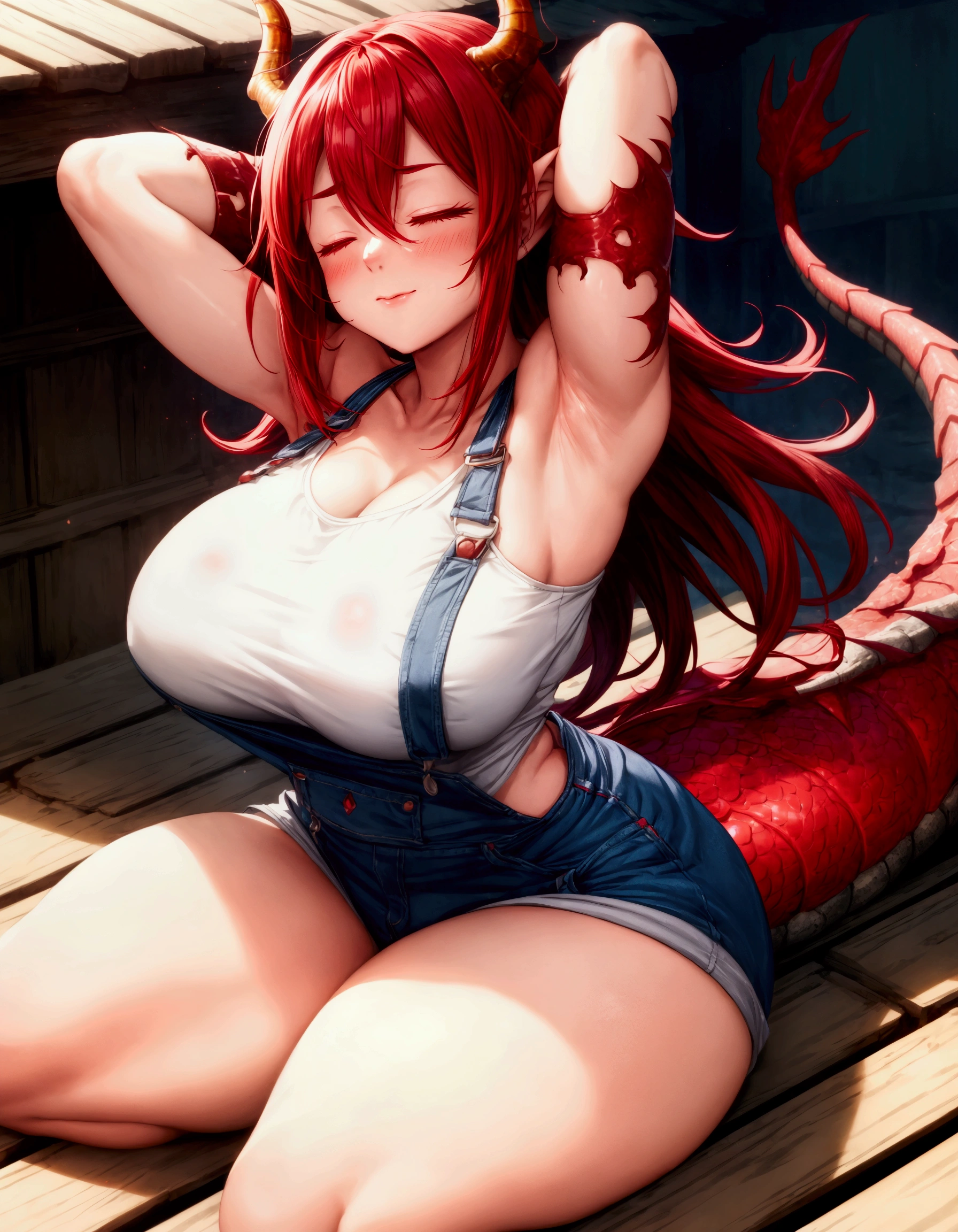Solo, 1Female, ((Dragon Girl Demihuman)), Crimson Hair Colour, Long Unruly Hair, (Red Dragon Horns), Beautiful Face, Large Breast Size, Toned Feminine Body, ((Long Dark Red Fingernails)), Wide Hips, Thick Squishy Thighs, Plump Shapely Butt, (Large Crimson Dragon Tail,) ((Dragon Scales on Arms)), Denim Overalls, White T-Shirt, Laying Down on Barn Roof, Happily Sleeping Expression, Closed Eyes, Soft Blush, Hands Behind Head, Beautiful Lighting, Perfect Anatomy, Perfect Hands, Masterpiece