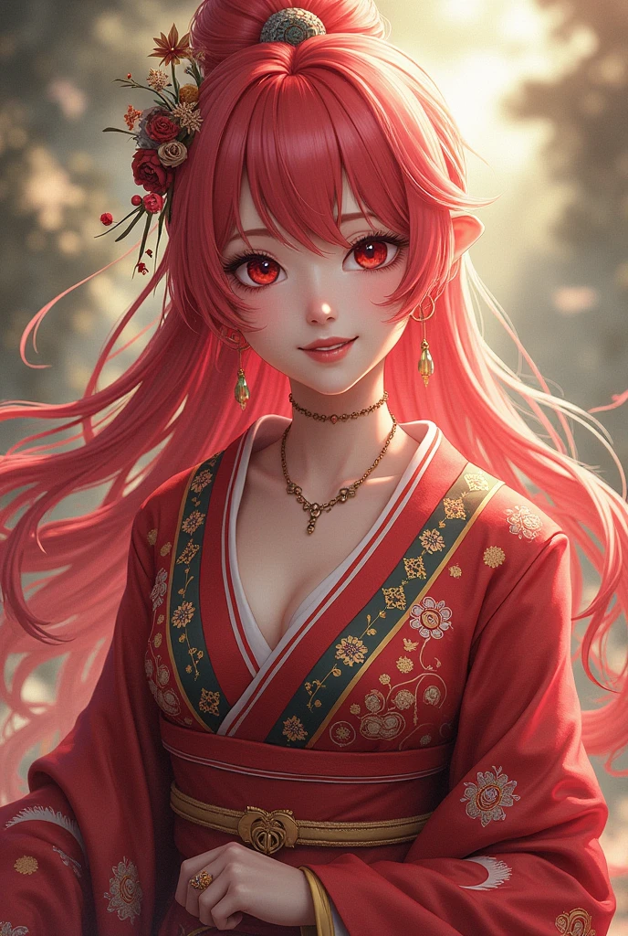 An elegant kimono-clad woman from Japanese mythology。Her hair is a bright color and she's a gal.。A foolish face。Annoying face。Grinning face。