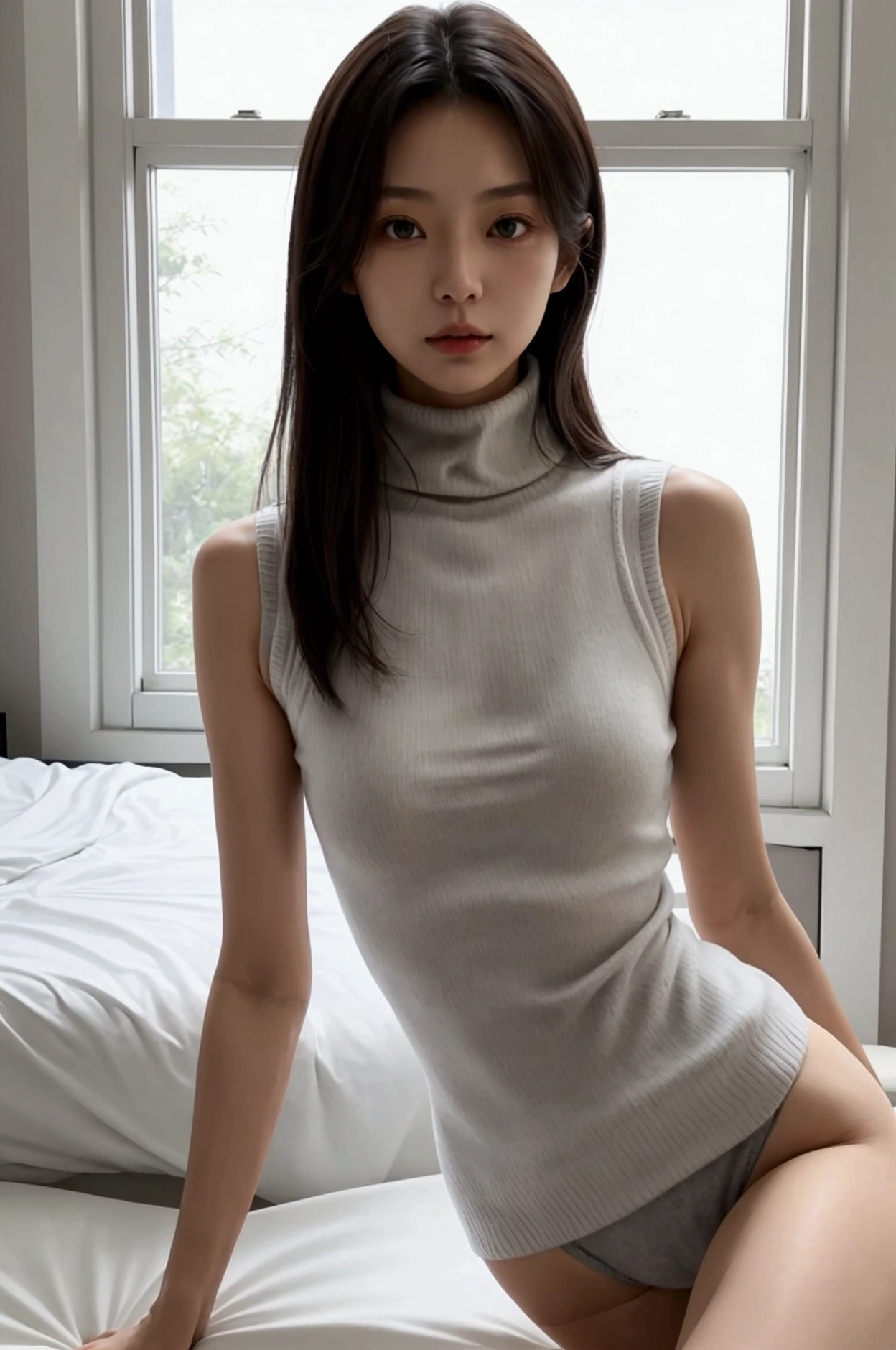 One person、Japanese、Skinny athletic model、Flat Chest、Single Mother、Mature Woman、Wearing a white turtleneck sleeveless sweater、Wearing a grey mile at me、The whole body is shown and you can see the thighs.、In your room at home、