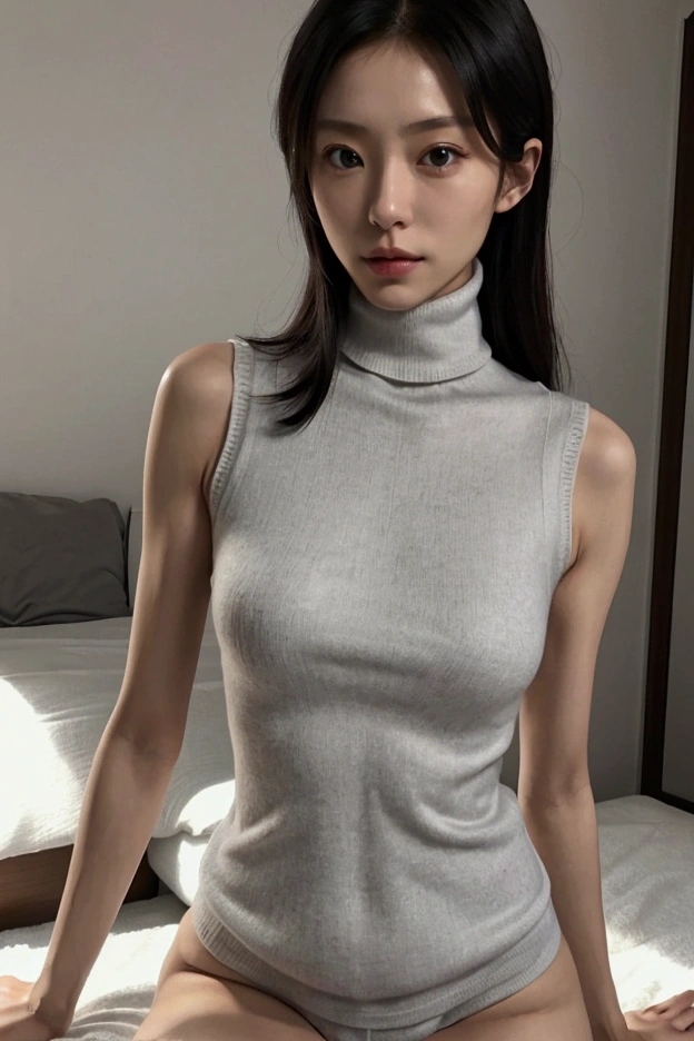 One person、Japanese、Skinny athletic model、Flat Chest、Single Mother、Mature Woman、Wearing a white turtleneck sleeveless sweater、Wearing a grey mile at me、The whole body is shown and you can see the thighs.、In your room at home、