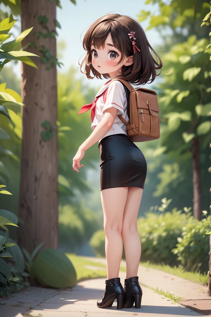 masterpiece, Highest quality, Official Art, 8k wallpaper, Very detailed, shape, A small, cute one, Brown Hair, Wide Hips, Big Ass, Round ass, Wearing high heels, Tight pencil skirt, Sailor Top, Backpack, Are standing, From the side, From the back, surprised.