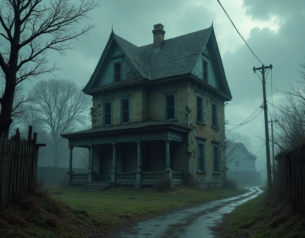 Image: An old, abandoned mansion in a small village with a creepy atmosphere.