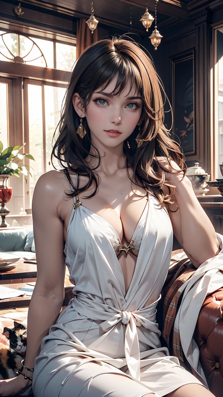 European-style decorated living room, Luxurious and sophisticated atmosphere. Exquisite interior details highlight the room's sophisticated style, Carefully considered decorative design adds the perfect finishing touch、24-year-old woman、Attractive Young Woman, (Beautiful Face:1.1), Detailed eyes, Seductive lips, (eye make up:1.2), (Medium chest:1.0), (Toned body:1.2), Sexy proportions、Narrow waist、Cat-legged European 4-seater sofa、European style dresses、