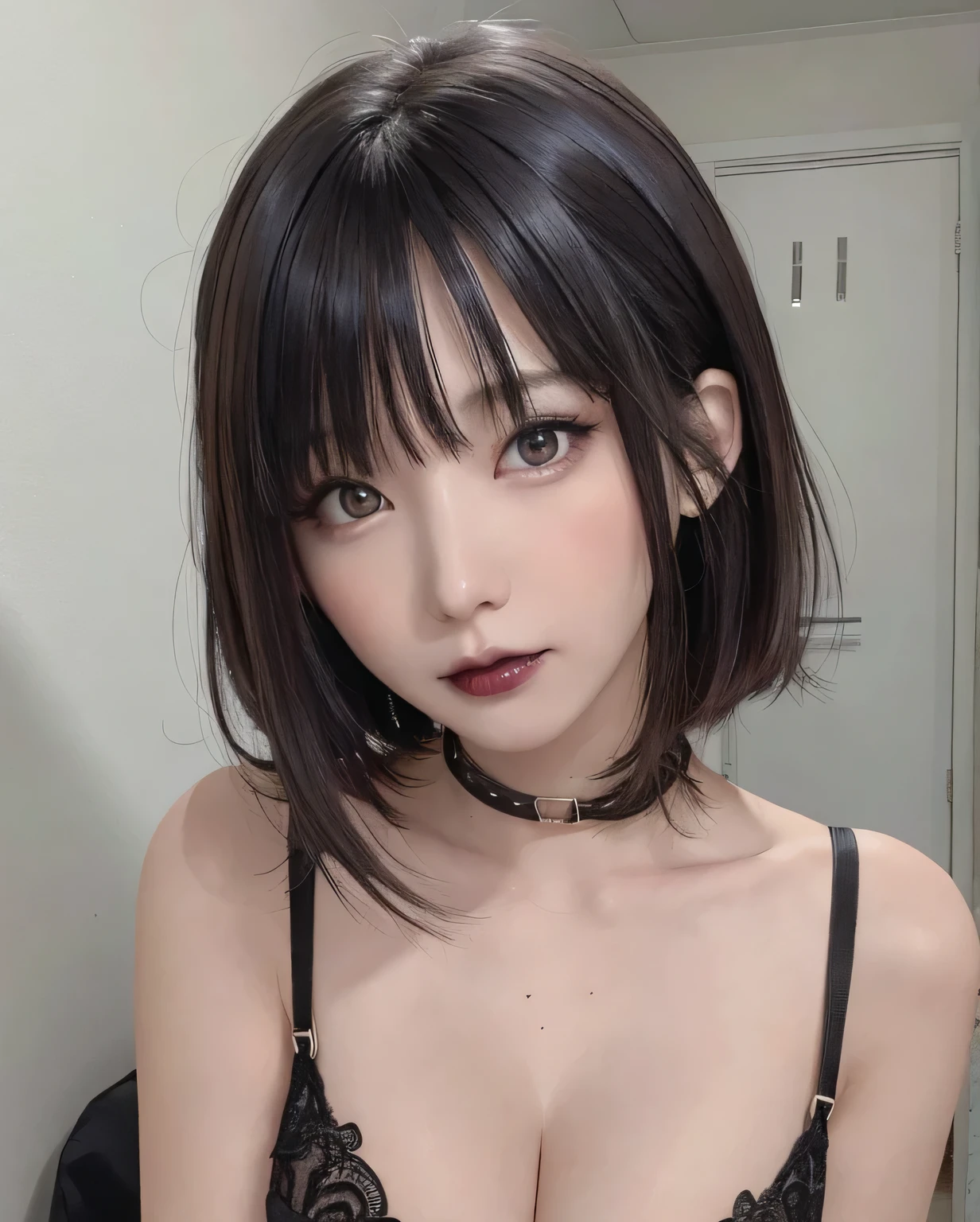 8k、masterpiece、Highest quality、High resolution、Super Resolution、Very detailed、 ((Upper shot close-up)) 、(1 female、、Baby Face、slim、thin、Flat Body)、(masterpiece, Highest quality, Super detailed), woman, alone, View your viewers, Hypno Lola, Hollow Eyes, Black Hair, White jacket, Outdoor, Goth, Pale skin, mascara, Iris, eyeliner, chest, Black Lips, Black Lipstick, Smokey Eye,eye shadow, collar