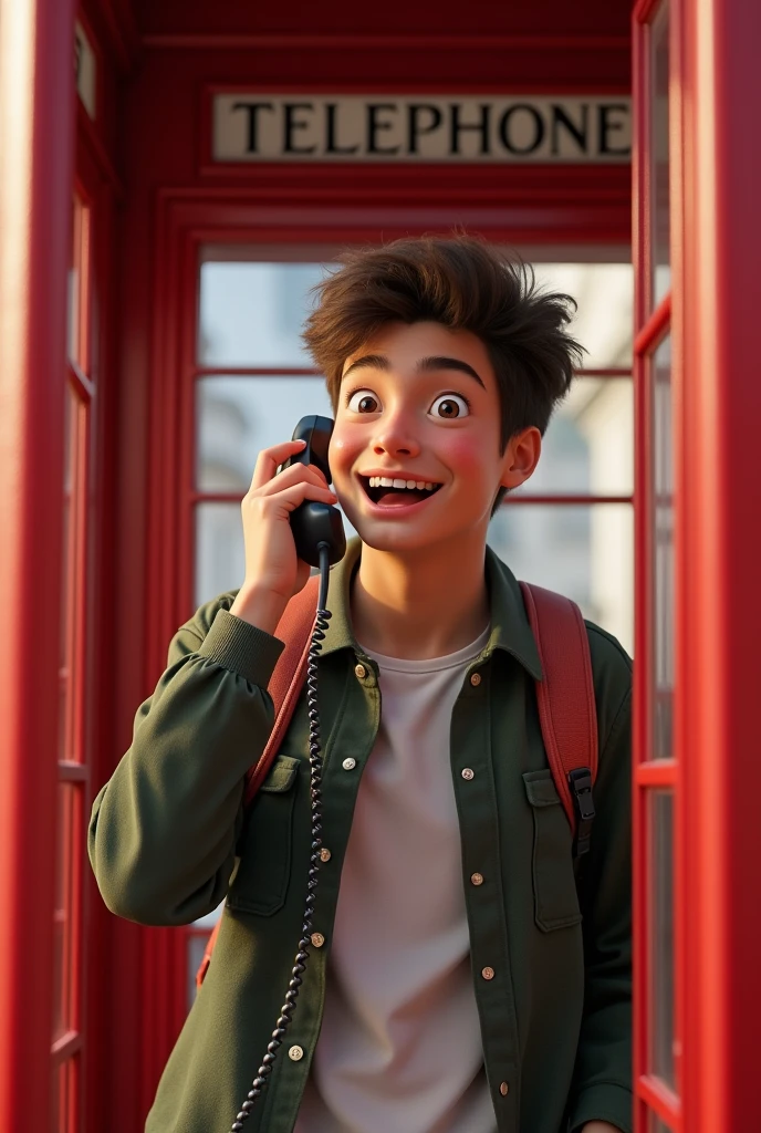 A male student happily making a phone call in a red telephone booth。

