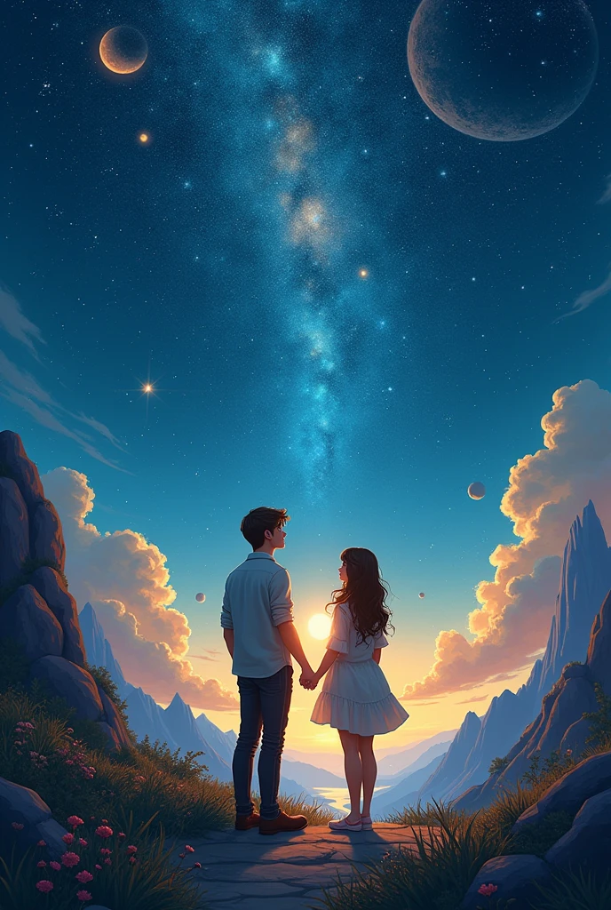 Cover for a romance and fiction book, which involves a diary for the discovery of a new world, with the stars and a couple.