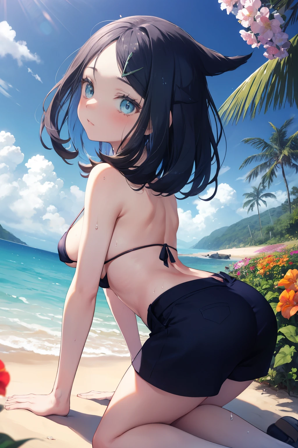 (nsfw),lure,((((all fours)))), ((all fours, Show me your ass, Angle from below)),  (((Light blue micro bikini bra, nipslip, Underboob, ))), Detailed depiction of nipples,  , cute, Sweat, (masterpiece, Highest quality, 8K ultra-high resolution:1.4), Pokemon Riko, (tropical, Beachside, Flowers: 1.4), Written boundary depth, Focus of the film, From a dramatic angle, Emotional composition, Emotional engine full throttle BREAK Young and cute, Slender body, Flat Chest, Provocative, ((Embarrassed face)), Expressions of affection, Highly detailed glossy skin,Sweat,  topless, Exposed breasts, Shorts, Wet and shiny thighs, 完璧なPokemon Rikoトップブレイク
, Wind, detailed in the Wind, petals dancing in the Wind
BREAK
ultra detailed crystal eyes, Eyes like shining jewels