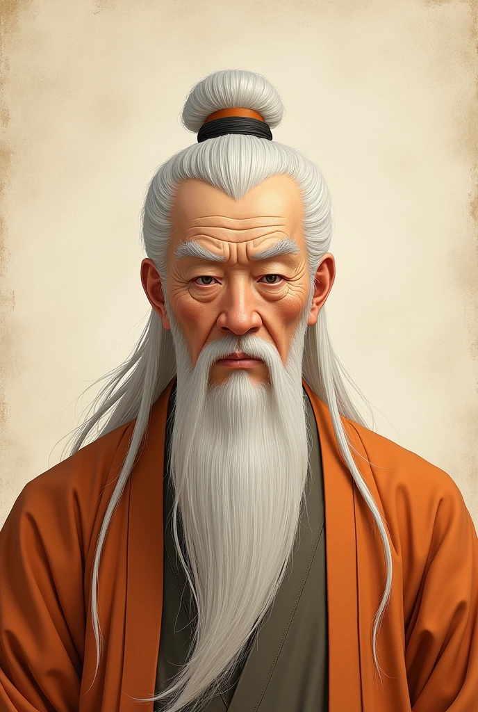 Old Man of the East,Frontal portrait of ancient Chinese people(Statue of Confucius 1.0),Audience visual inspection(Lens perspective),White haired man,Hair Bun,no head gear。ginger clothes。Light background(Drawing paper texture 1.5)。超HD, Retina, masterpiece, Acura, Anatomically correct, Awards, high quality, High Detail, Super Detail, Textured Skin, best quality, high resolution,HD, 4K, 8K, 16K。